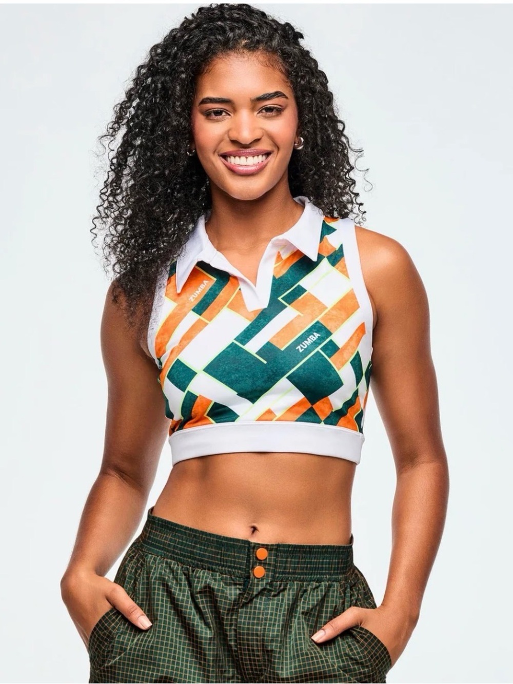 Zumba Fitness Collared Geometric Crop Tank in Green & Orange